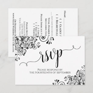 Black & White Frilly Elegant Calligraphy Wedding RSVP Card
