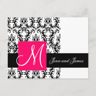 Black White Fuchsia Damask Wedding Announcement Postcard