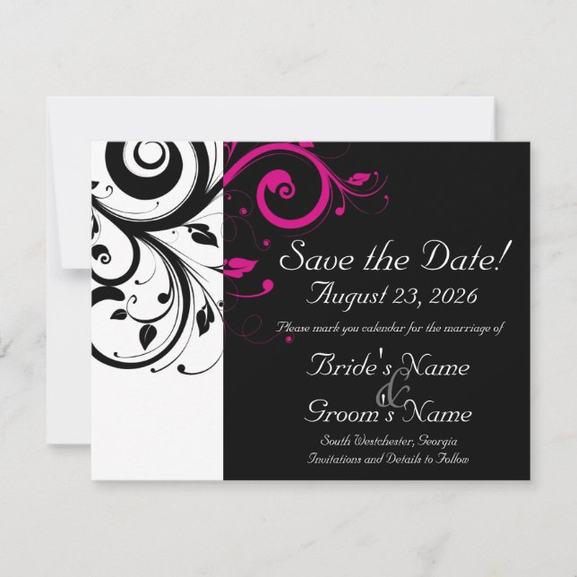 Black, White, Fuchsia Swirl Wedding Save the Date (Front)