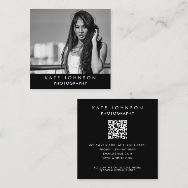 Black & White Full Photo QR Code Social Media Square Business Card (Front/Back)