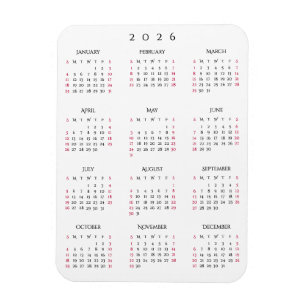 Black White Full Year 2026 Calendar Fridge Kitchen Magnet