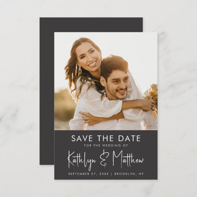 Black & White Fun Script Modern Photo Wedding Save The Date (Front/Back)