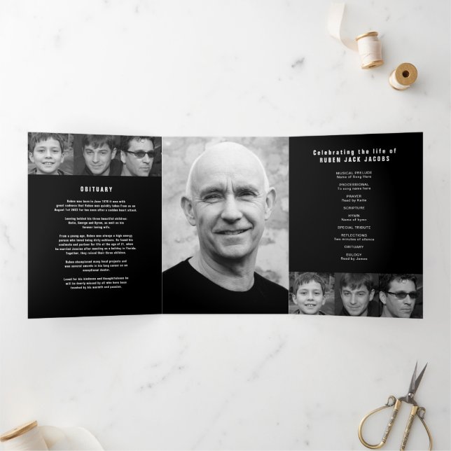 Black white Funeral service mono custom photos  Tri-Fold Programme (Inside)