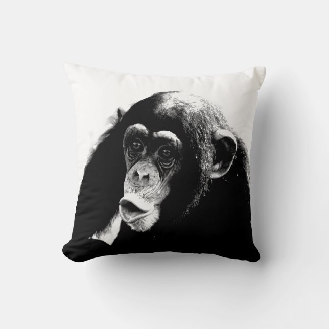 Black White Funny Chimpanzee Cushion (Front)
