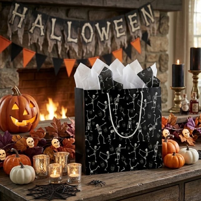 Black White Funny Skeleton Halloween Large Gift Bag (Creator Uploaded)