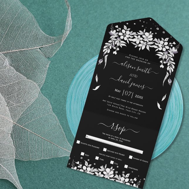 Black, white garland silver confetti wedding all in one invitation (Creator Uploaded)