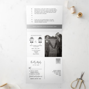 Black White Gay Photo Wedding Tri-Fold Invitation