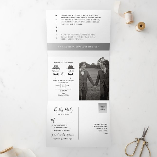Black White Gay Photo Wedding Tri-Fold Invitation (Inside)