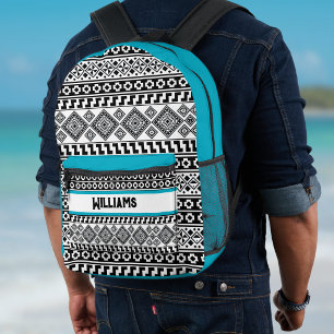 Black White Geo Aztec Tribal Turquoise Monogram Printed Backpack
