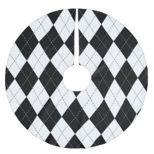 Black White Geometric Argyle Pattern Brushed Polyester Tree Skirt