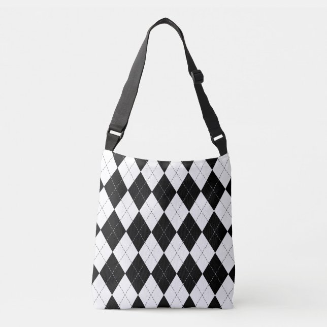 Black White Geometric Argyle Pattern Crossbody Bag (Front)