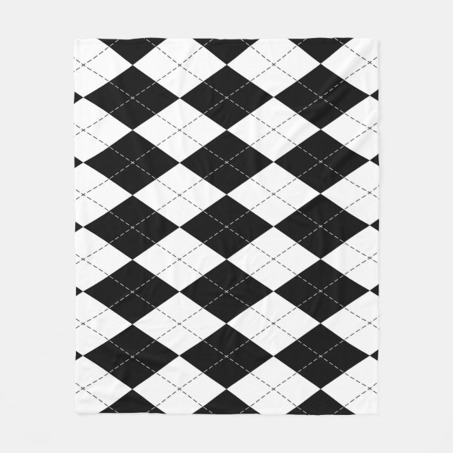 Black White Geometric Argyle Pattern Fleece Blanket (Front)