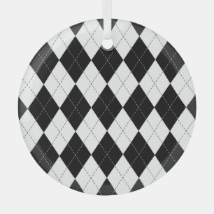 Black White Geometric Argyle Pattern Glass Tree Decoration