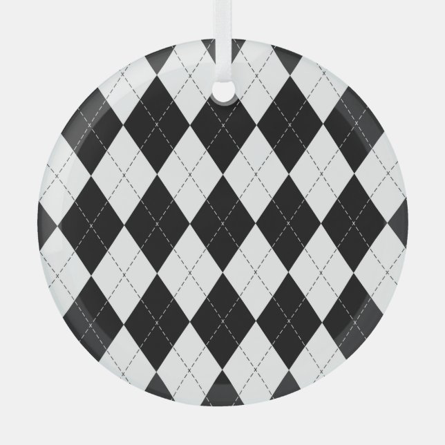 Black White Geometric Argyle Pattern Glass Tree Decoration (Front)