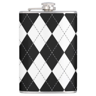 Black White Geometric Argyle Pattern Hip Flask