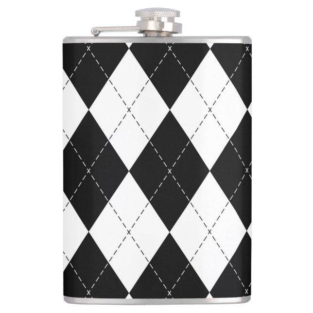 Black White Geometric Argyle Pattern Hip Flask (Front)