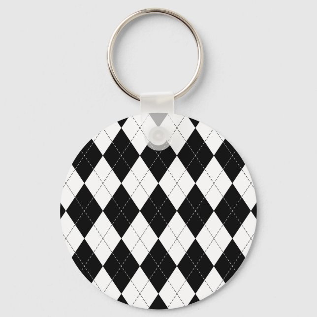 Black White Geometric Argyle Pattern Key Ring (Front)