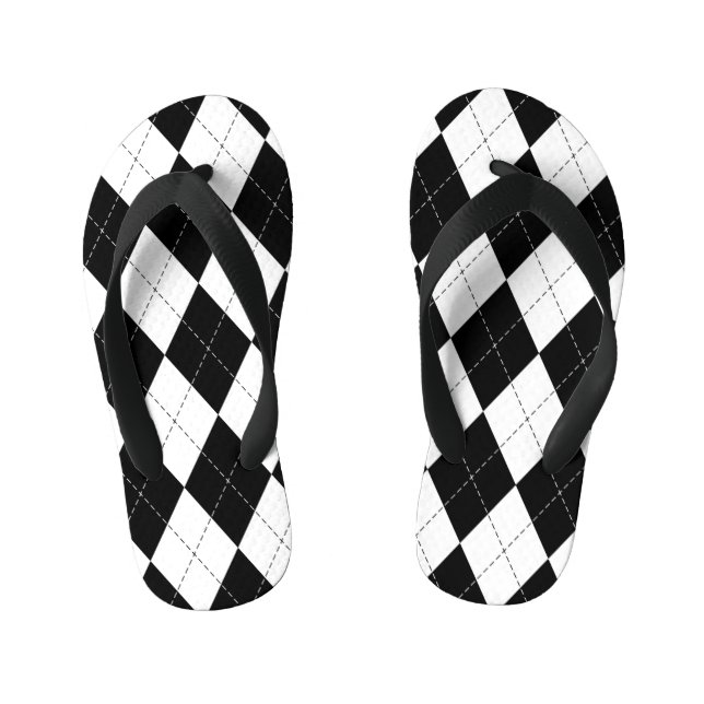Black White Geometric Argyle Pattern Kid's Thongs (Footbed)