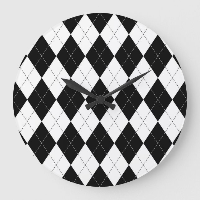 Black White Geometric Argyle Pattern Large Clock (Front)