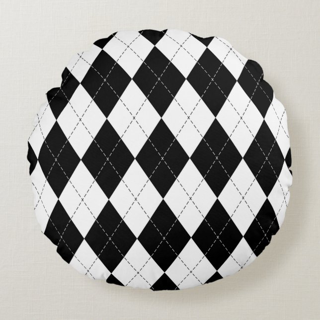 Black White Geometric Argyle Pattern Round Cushion (Front)