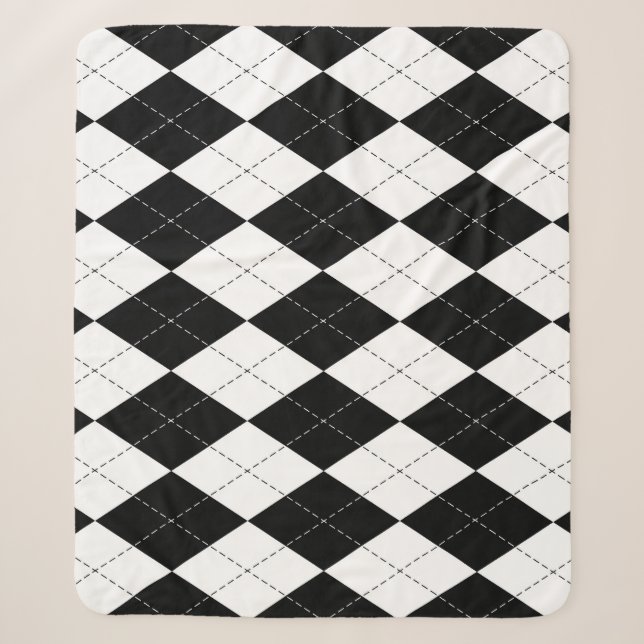 Black White Geometric Argyle Pattern Sherpa Blanket (Front)