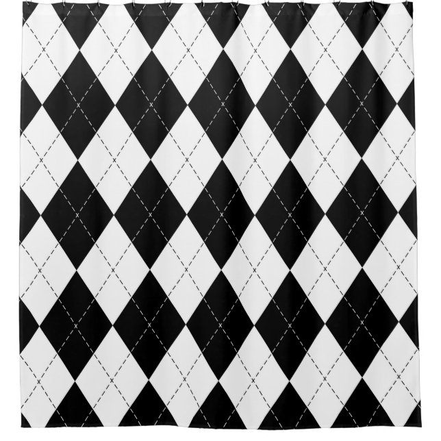 Black White Geometric Argyle Pattern Shower Curtain (Front)
