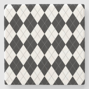 Black White Geometric Argyle Pattern Stone Coaster