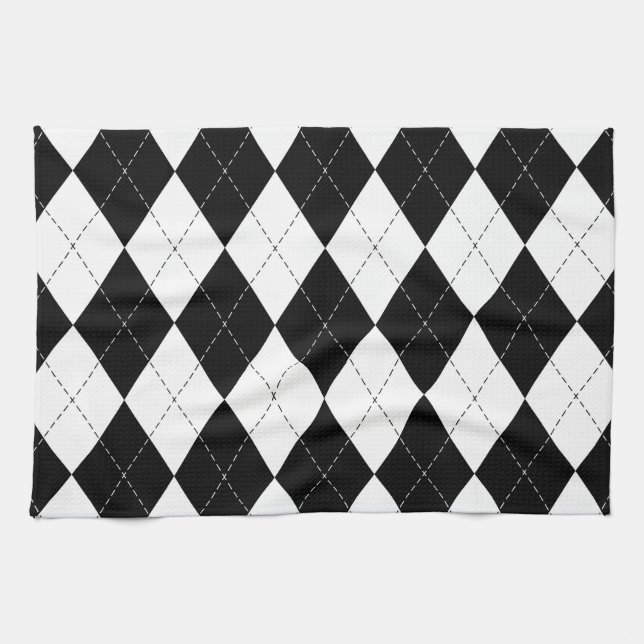 Black White Geometric Argyle Pattern Tea Towel (Horizontal)