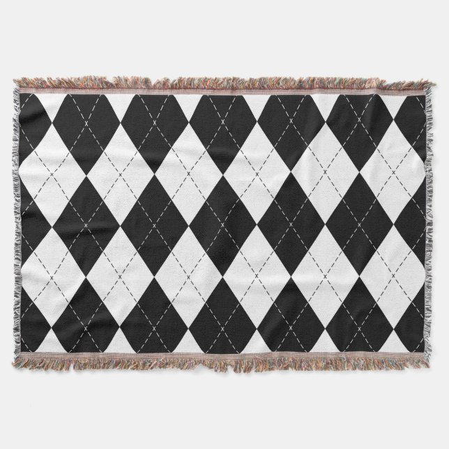 Black White Geometric Argyle Pattern Throw Blanket (Front)