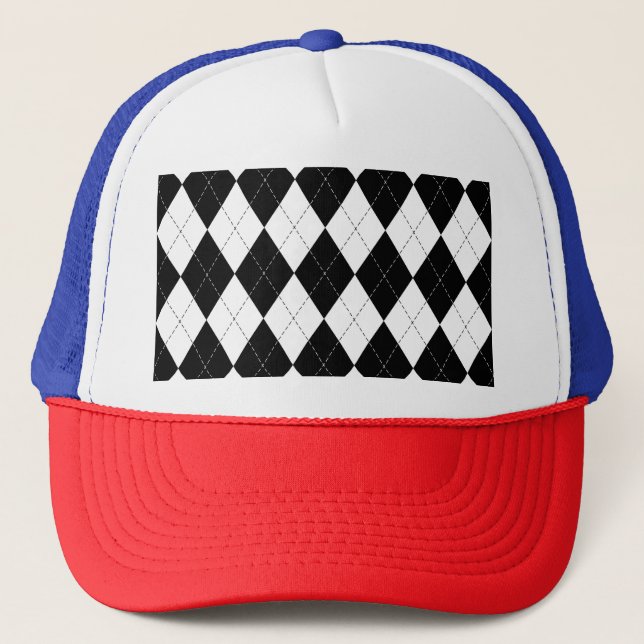 Black White Geometric Argyle Pattern Trucker Hat (Front)