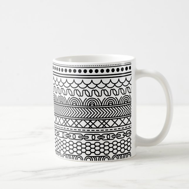 Black & White Geometric Border Sampler Pattern Coffee Mug (Right)