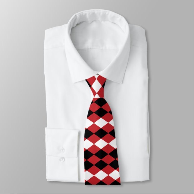 Black White Geometric Diamond On Red Background  Tie (Tied)