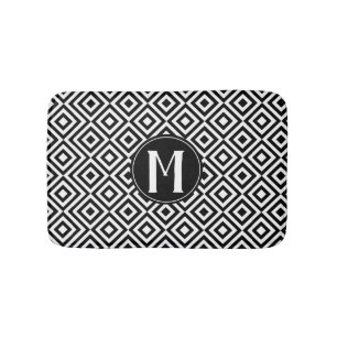 Black & White Geometric Diamond Pattern Monogram Bath Mat