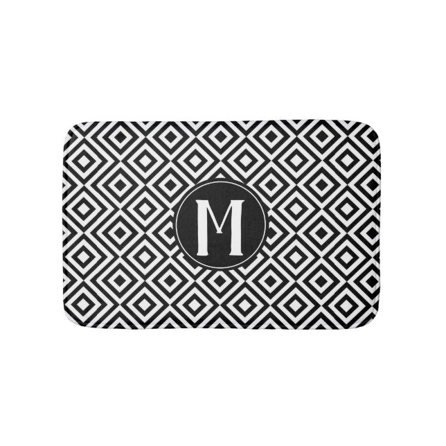 Black & White Geometric Diamond Pattern Monogram Bath Mat (Front)