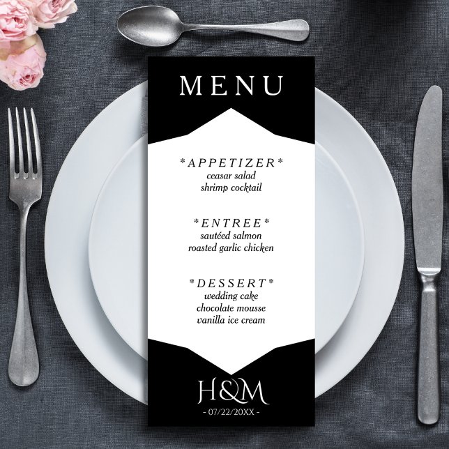 Black & White Geometric Dinner Wedding Reception Menu (black and white wedding menu)