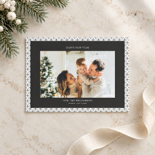 Black White Geometric Family Photo Happy New Year Holiday Card