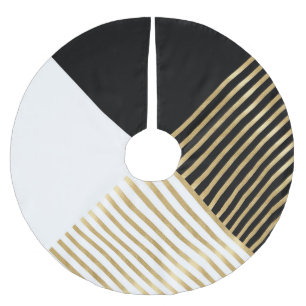 Black White Geometric Gold Stripes Modern Design Brushed Polyester Tree Skirt