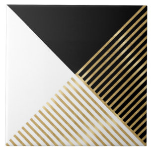 Black White Geometric Gold Stripes Modern Design Ceramic Tile