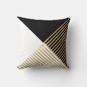Black White Geometric Gold Stripes Modern Design Cushion