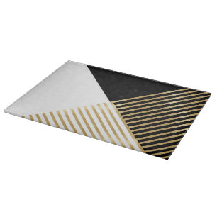 Black White Geometric Gold Stripes Modern Design Cutting Board