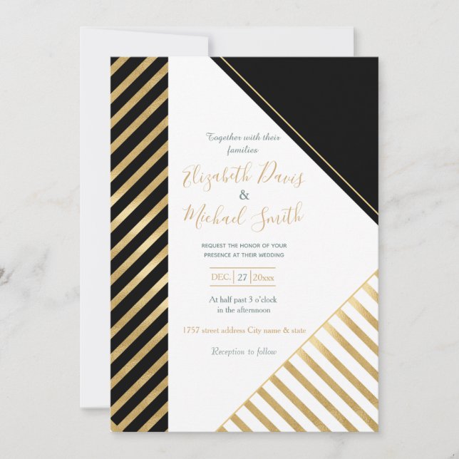 Black White Geometric Gold Stripes Modern Design Invitation (Front)