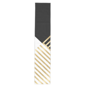 Black White Geometric Gold Stripes Modern Design Medium Table Runner