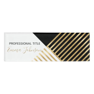 Black White Geometric Gold Stripes Modern Design Name Tag