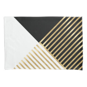 Black White Geometric Gold Stripes Modern Design Pillowcase