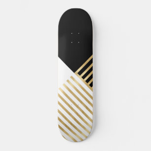 Black White Geometric Gold Stripes Modern Design Skateboard