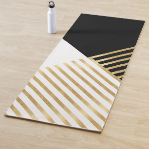 Black White Geometric Gold Stripes Modern Design Yoga Mat