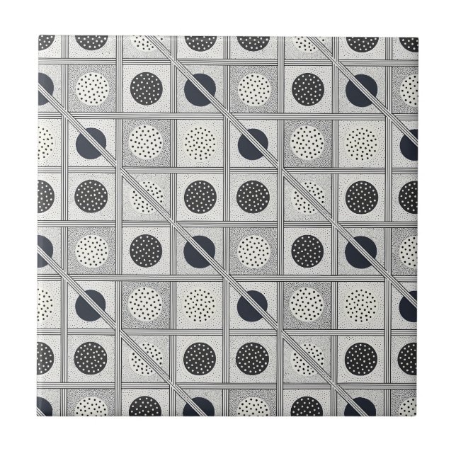 Black & White Geometric Grid Monochrome Pattern Ceramic Tile (Front)