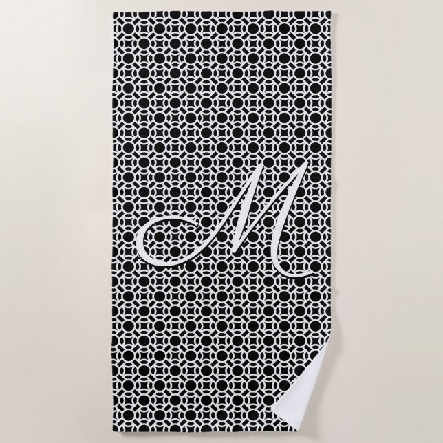 Black & White Geometric Initial Monogram Beach Towel (Front)