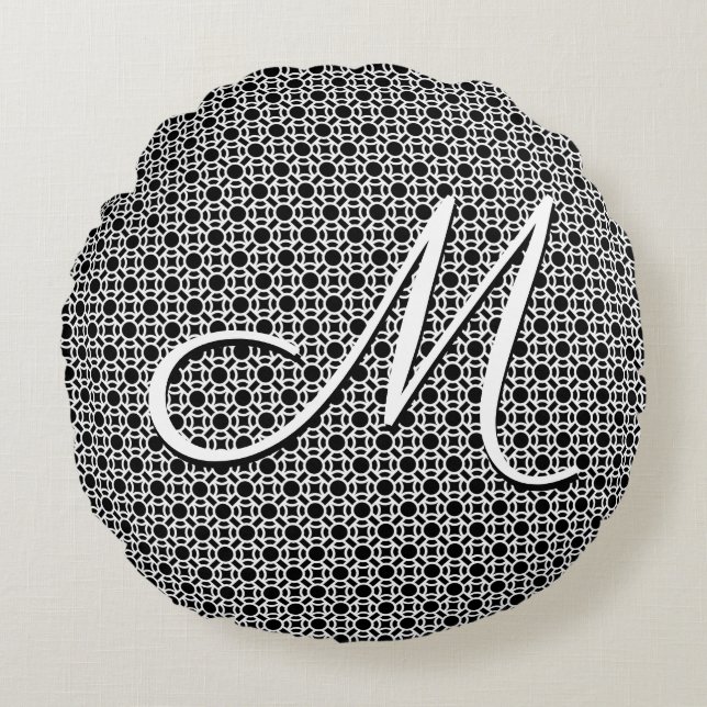 Black & White Geometric Initial Monogram Round Cushion (Front)