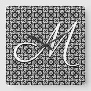 Black & White Geometric Initial Monogram Square Wall Clock